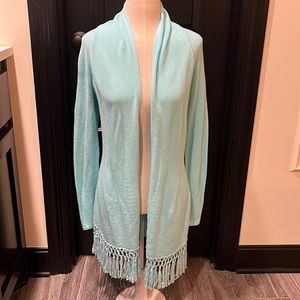 Lilly Pulitzer light weight sweater with fringe trim. Size s turquoise cardigan